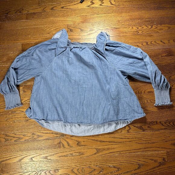 Old Navy Balloon Sleeve Shirt Woman’s 2X Ruffled Tie Front Chambray Look Boho‎ - Picture 9 of 11